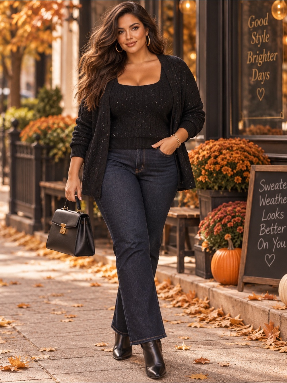 MEXX Size L 2-Piece Black Sparkle Cable Knit Tank & Cardigan Sweater Set